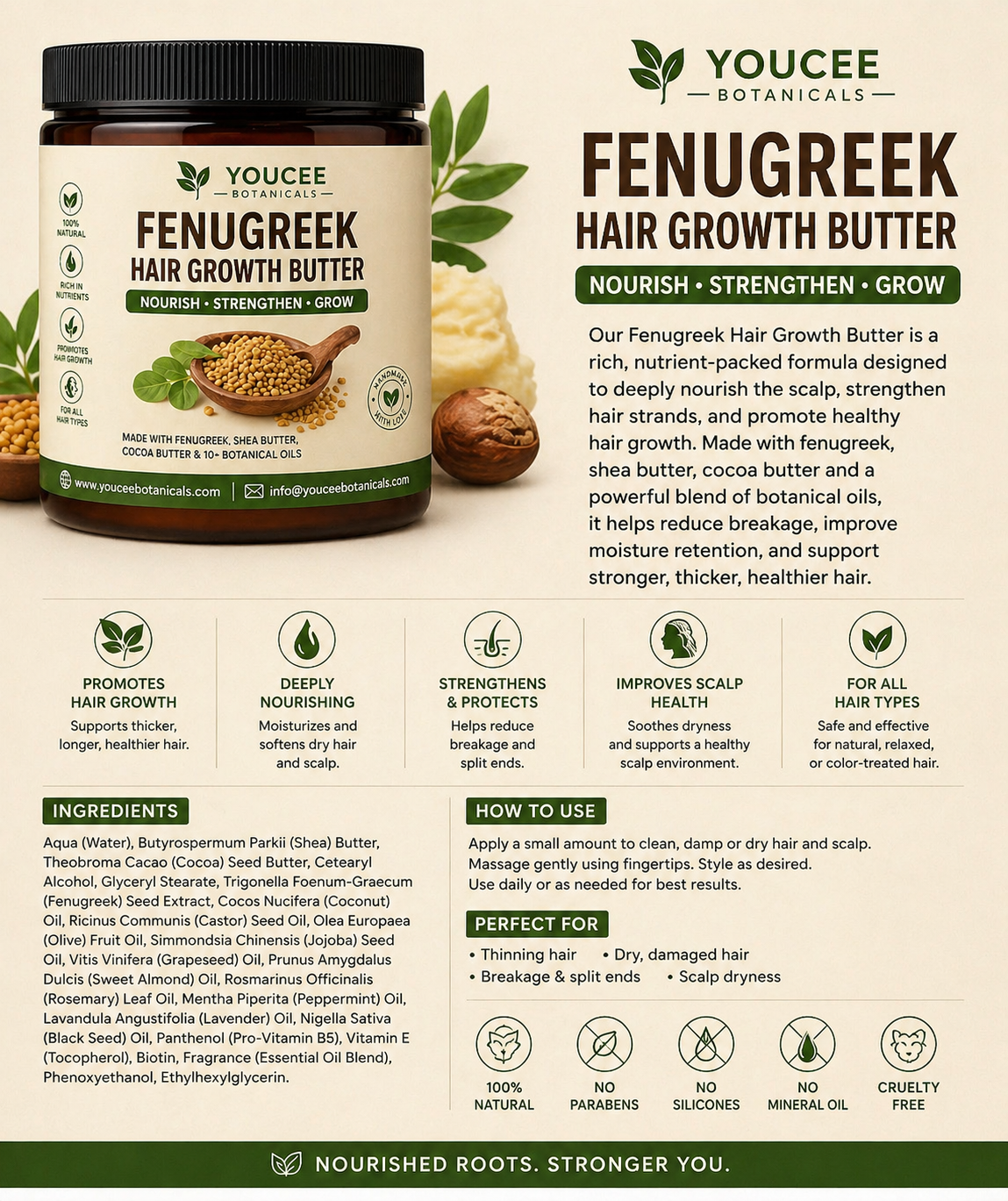 Fenugreek Hair  Butter – Thickening Moisturizer for Dry, Damaged & Thinning Hair | Youcee Botanicals